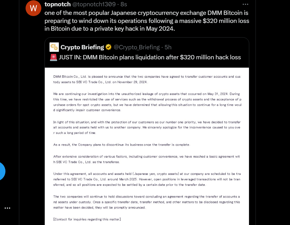 DMM Bitcoin Plans Liquidation | Source: X