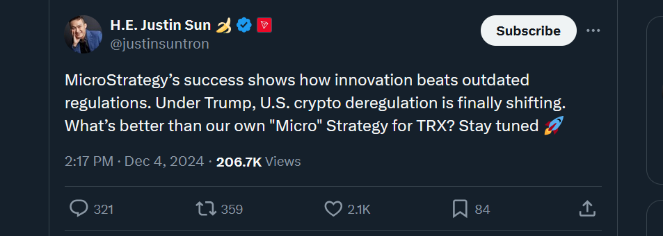 Justin Sun’s tweet post