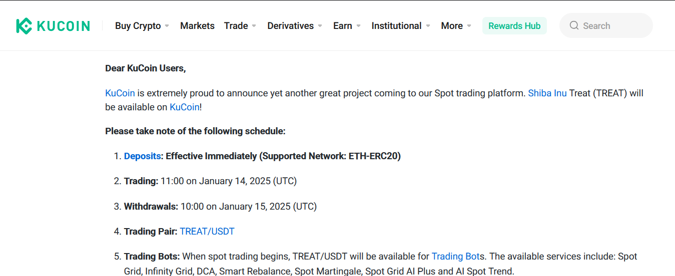 Treat toke update | source: kucoin
