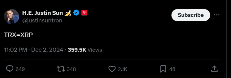 Tron Founder Comparing TRX to XRP