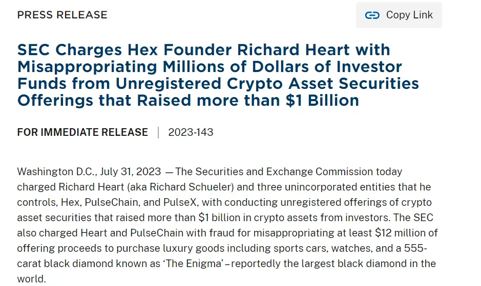 Press Release For SEC vs HEX