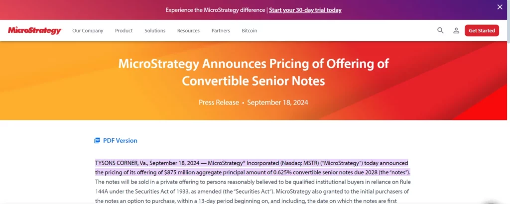 MSTR September press release about offering Convertible Senior Notes