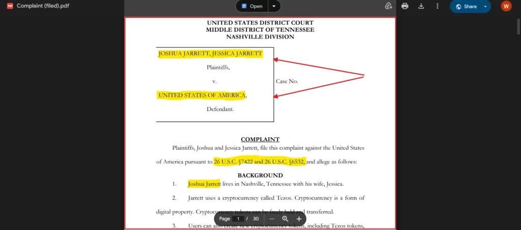 Starting page of details of the complaint