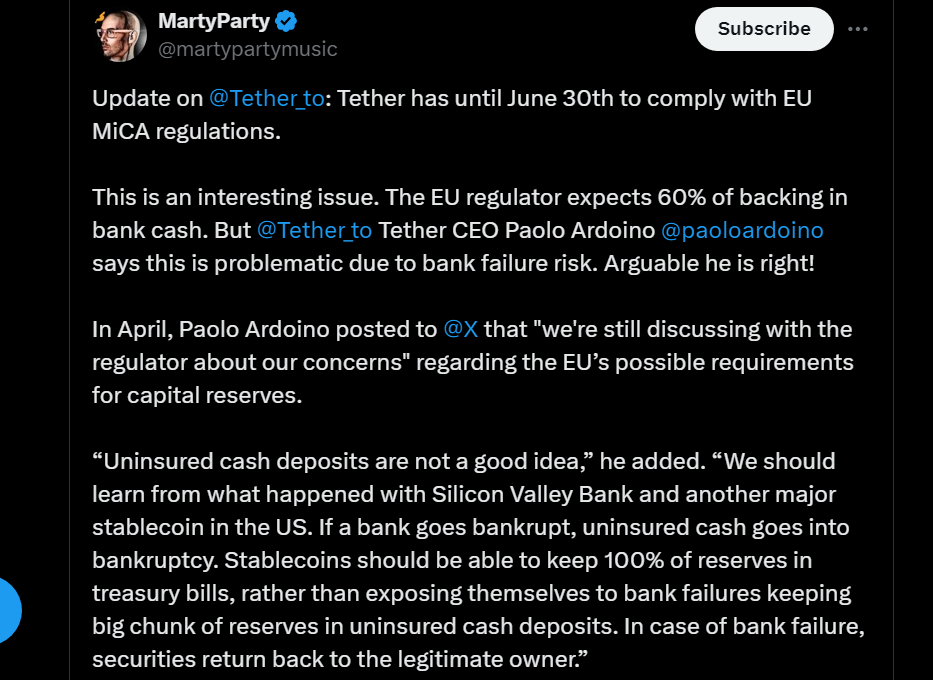 MartyParty post highlighting The new MiCA stablecoin regulation