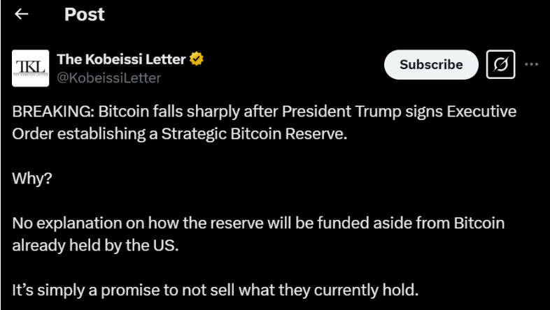 Bitcoin drops as Trump's BTC reserve lacks clarity
