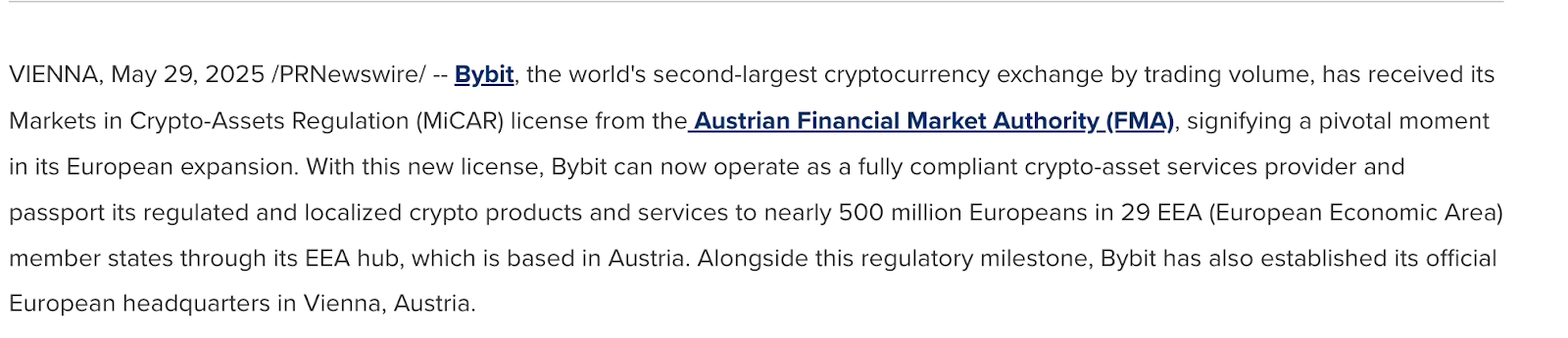 Bybit Gets MiCAR License, Expands to EEA from Vienna