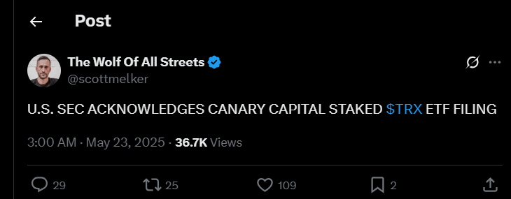 SEC acknowledges TRX staked ETF filing