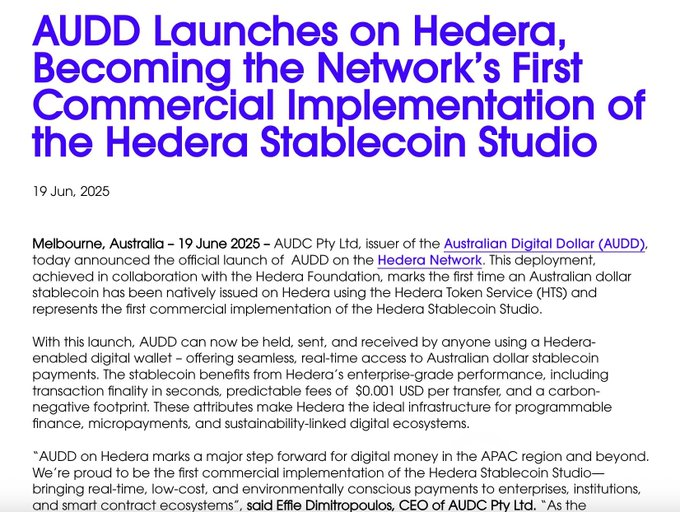 AUDD Launches on Hedera