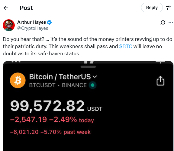 Arthur Hayes hints at recovery as Bitcoin drops 5.7%.