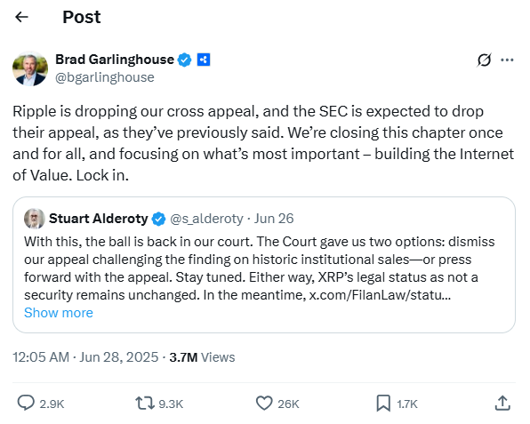 Ripple is dropping our cross appeal