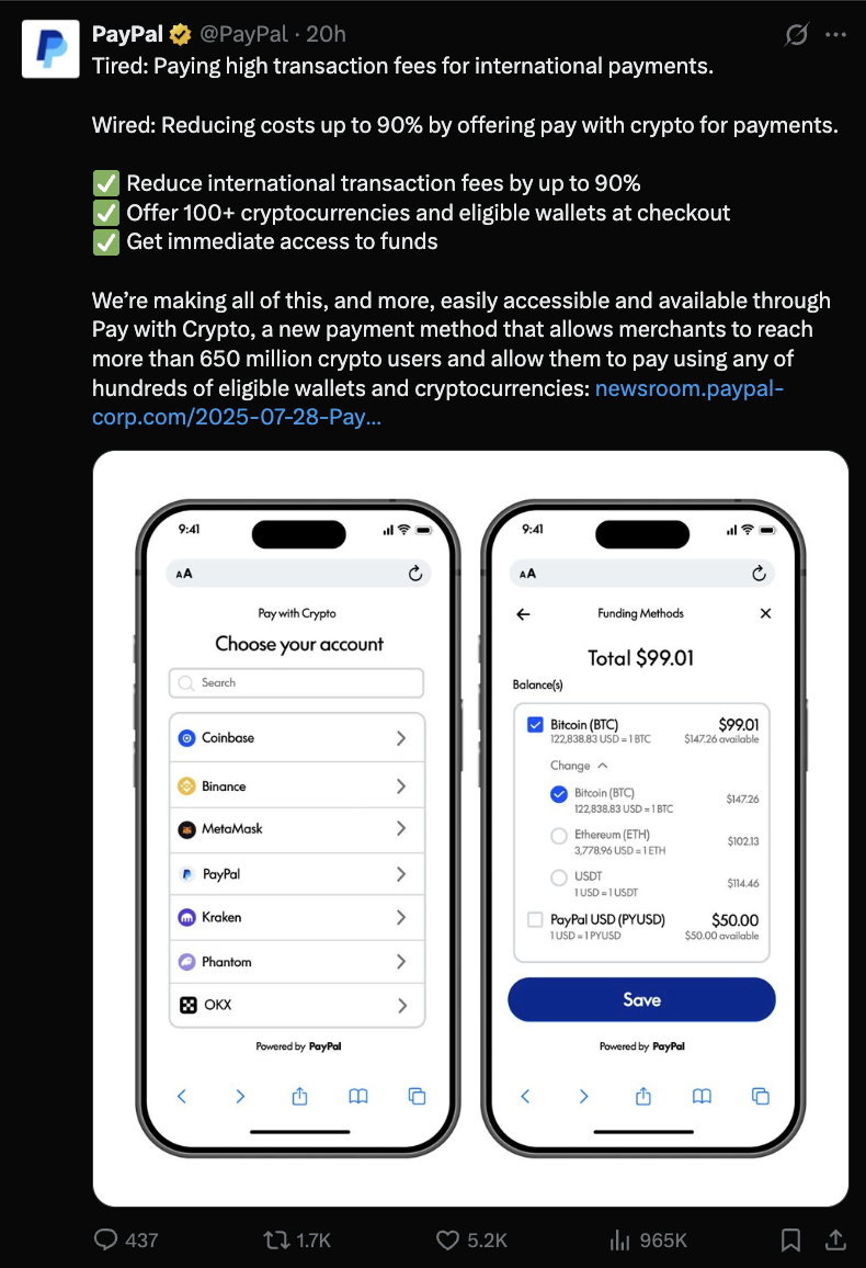 PayPal announcement on X of “Pay with Crypto.”