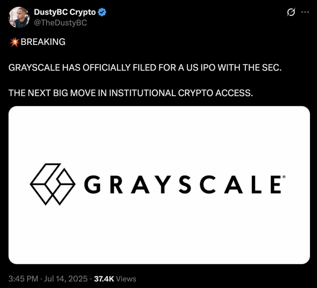 Grayscale officially filed for an IPO with the SEC post on X.