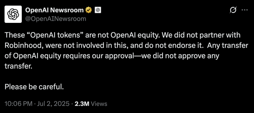 OpenAI doesn't endorse Robinhood – post on X.