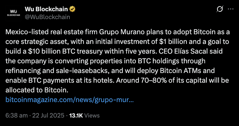 Wu Blockchain post on X announcing the Grupo Murano plan to adopt Bitcoin as a core strategic asset.