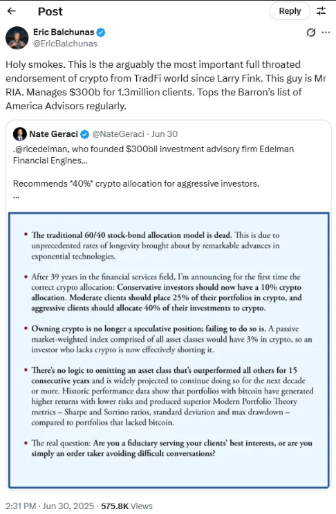 Advisor to $300B clients urges 40% crypto allocation