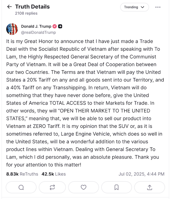Donald Trump announces trade deal on Truth Social.