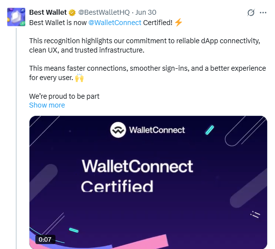 Best Wallet is WalletConnect certified 