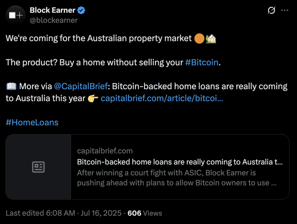 block earner bitcoin-backed mortgage post on X.