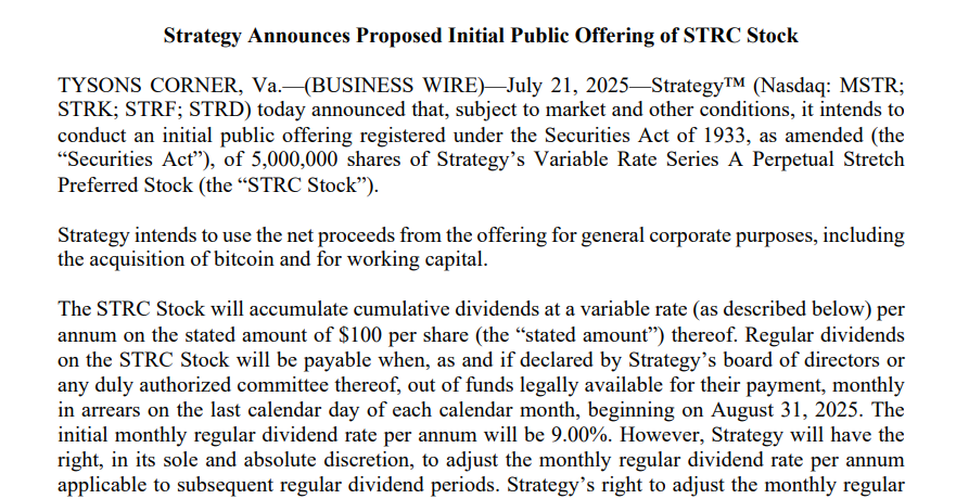 MicroStrategy’s Stretch (STRC) IPO Detail