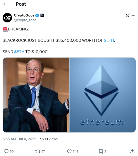 BlackRock purchases $85M in Ethereum (ETH)
