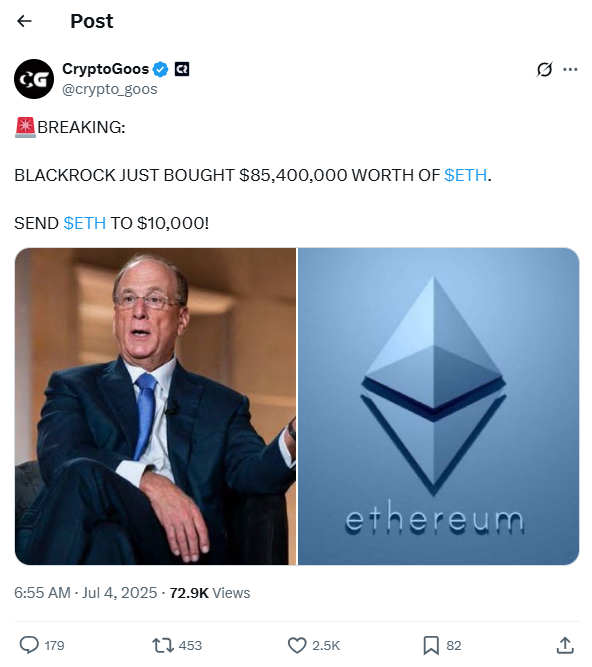 BlackRock Buys $85M in ETH, Sparks Rally