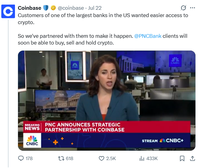 Coinbase announced PNC partnership on Twitter