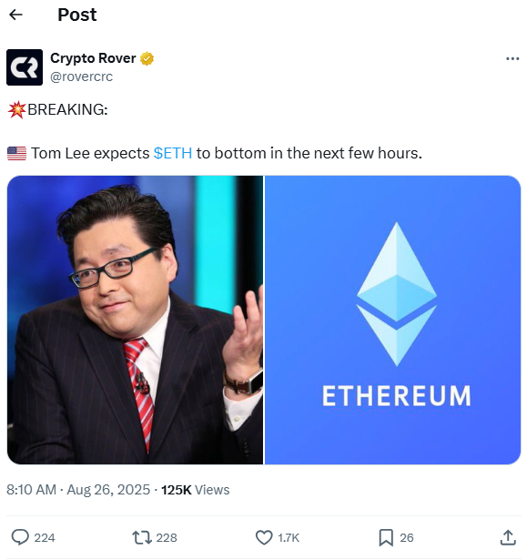 Tom Lee predicts Ethereum’s bottom is near