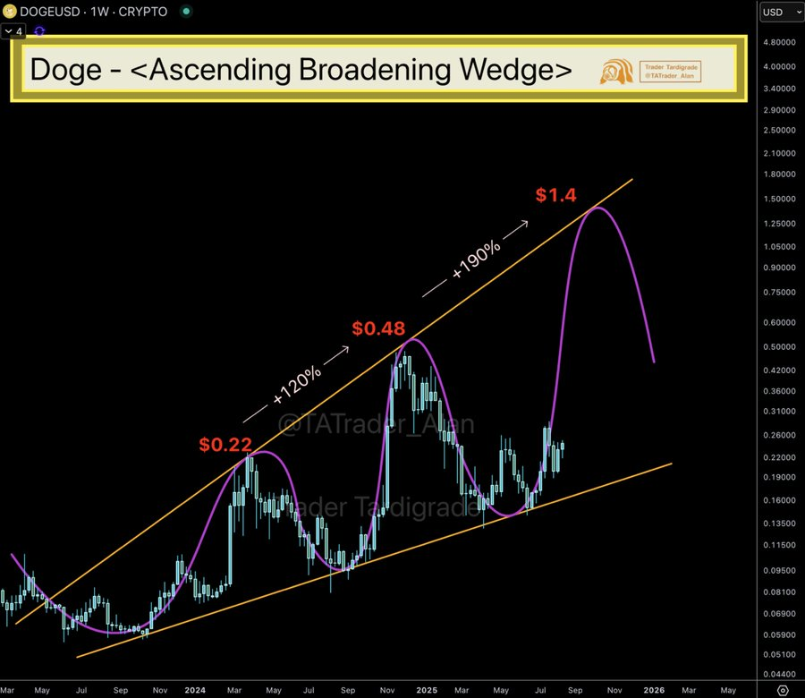 DOGE Ascending Broadening Wedge