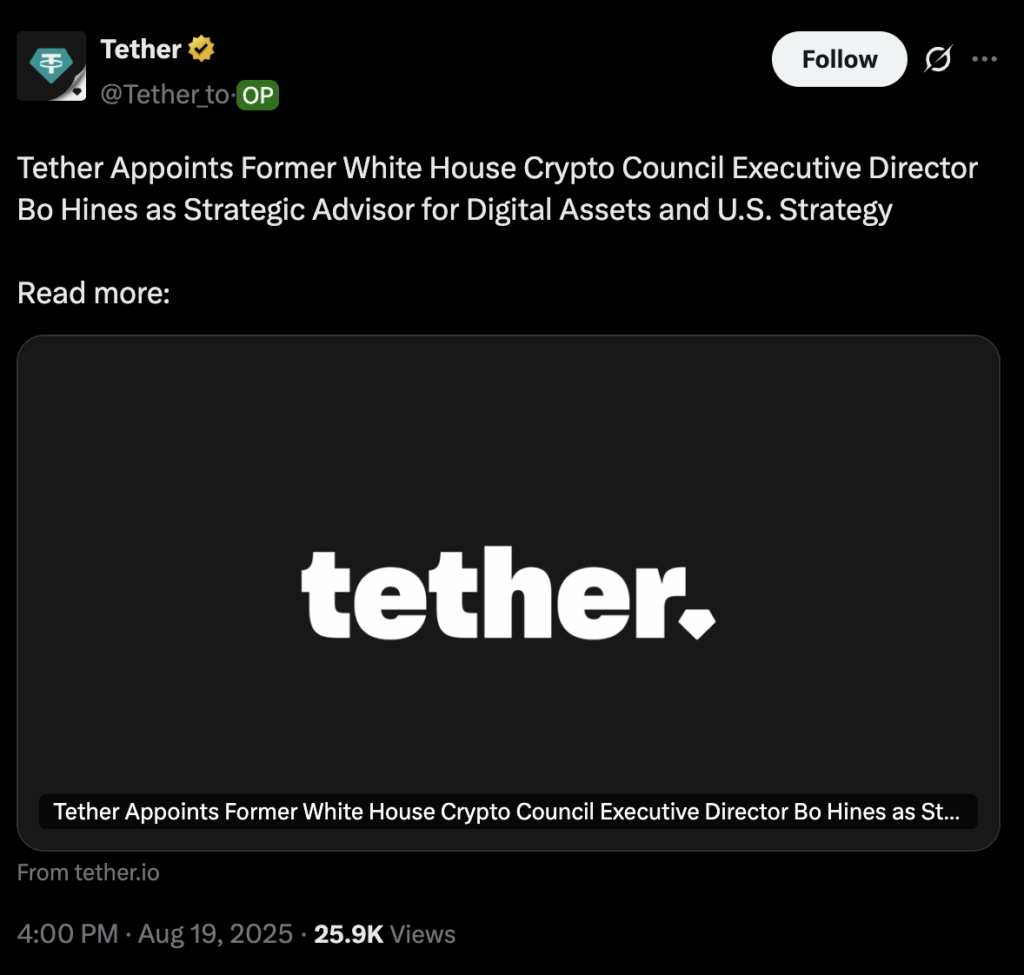 Bo Hines Joins Tether as Strategic Advisor on Digital Assets and U.S. Policy
