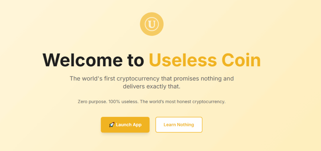 Useless Coin official website showing the main logo.