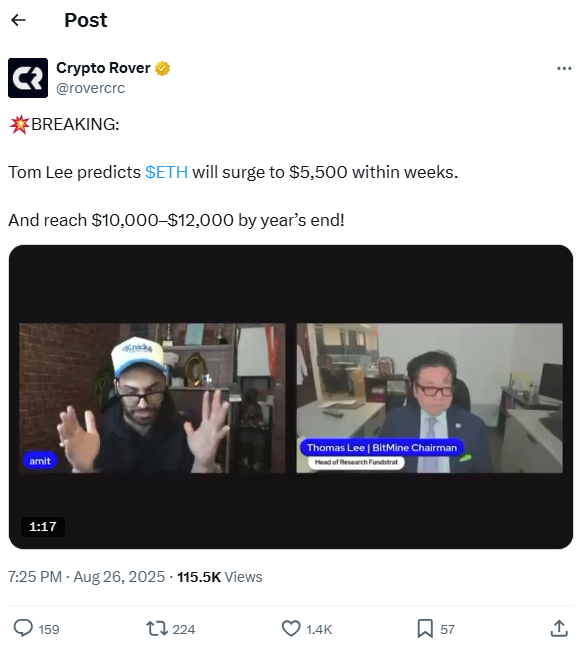 Tom Lee sees Ethereum hitting $12K in 2025
