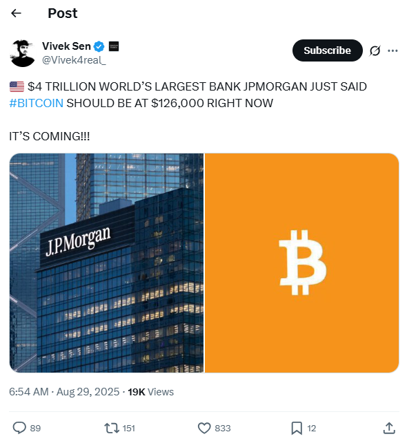 JPMorgan says Bitcoin fair value is $126K
