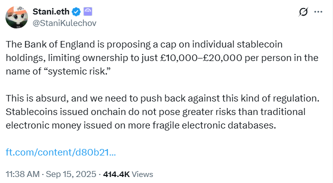 The Big Take on BoE Stablecoin Pivot | Source: Stani Kulechov