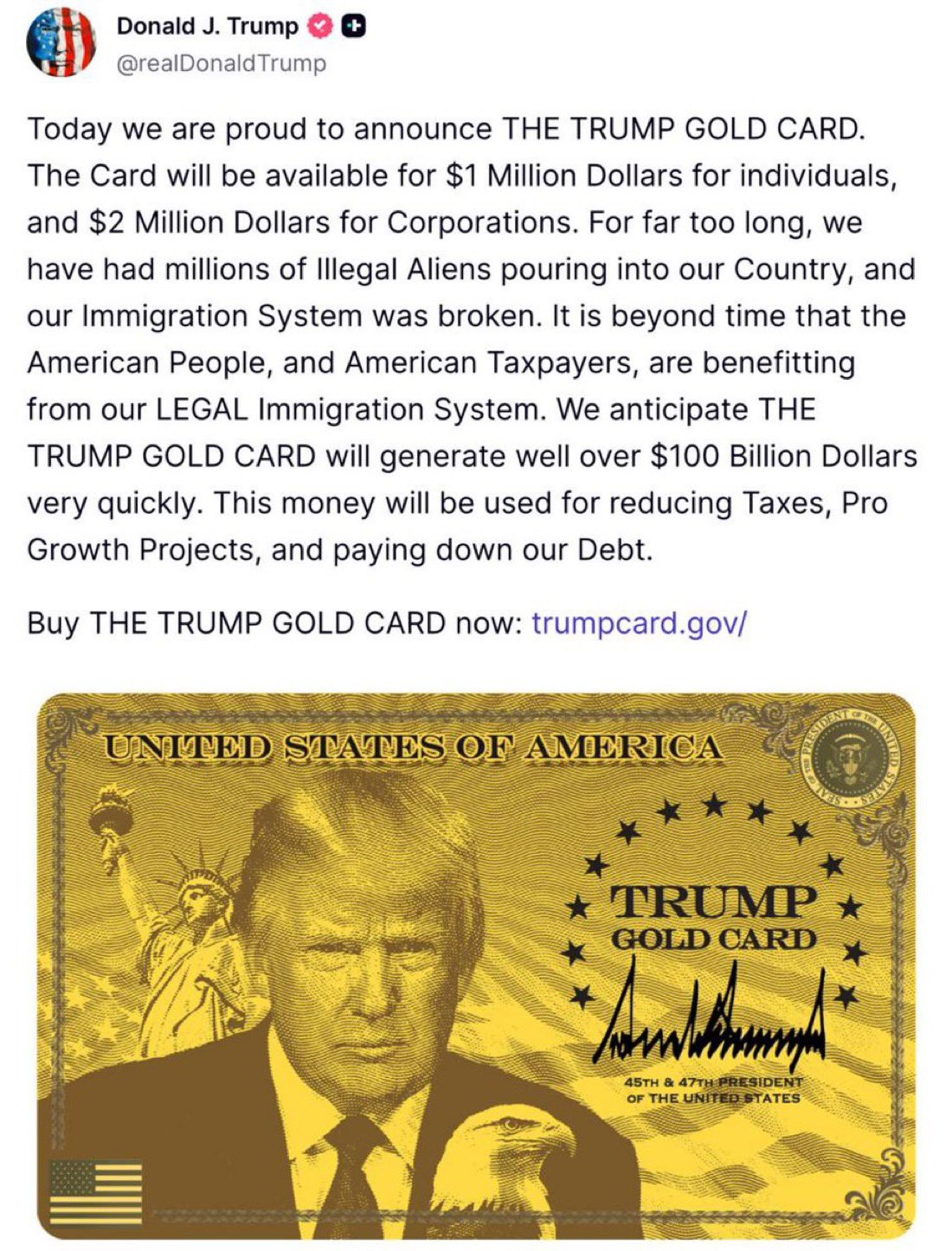 Trump Announces Gold Card | Source: Truth Social