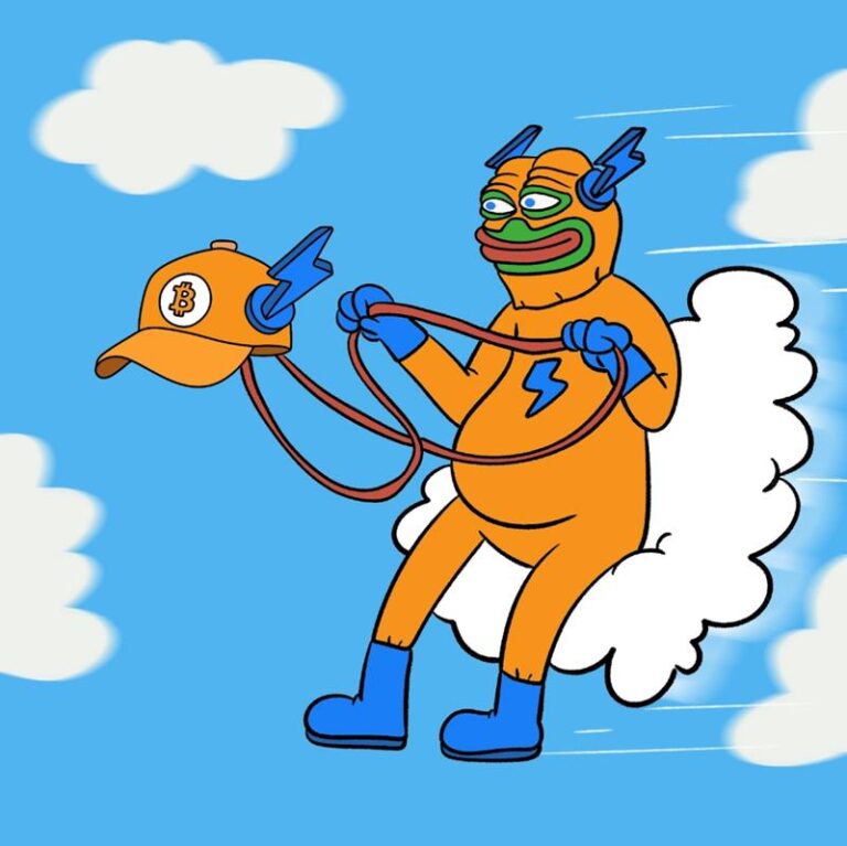 มาสคอตสายฟ้าขี่หมวก Bitcoin การ์ตูนมีมคริปโตสดใส