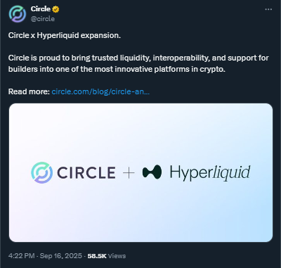 Circle x Hyperliquid partnership | Source: X