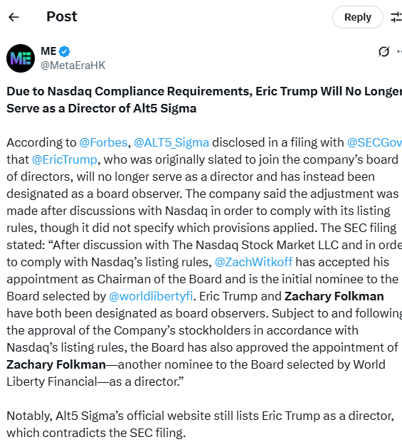 Eric Trump rétrogradé au rang d'observateur au conseil d'administration d'Alt5 Sigma