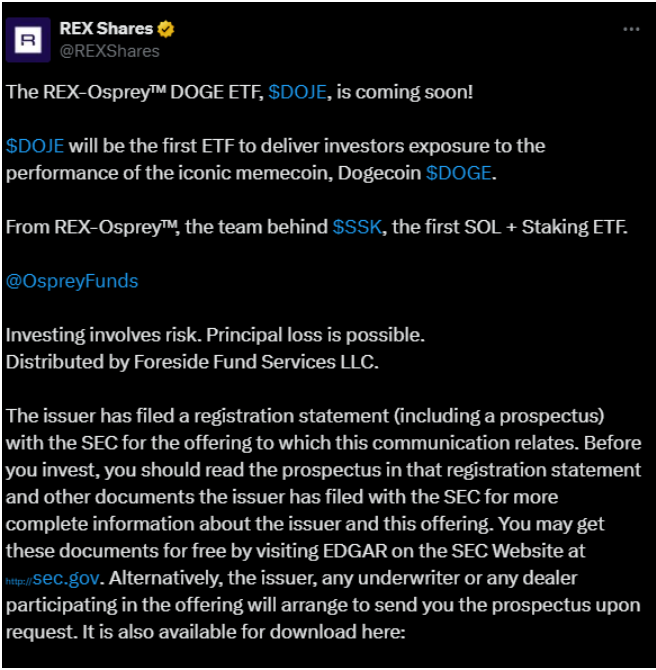 Dogecoin ETF filing confirmed by Rex-Osprey