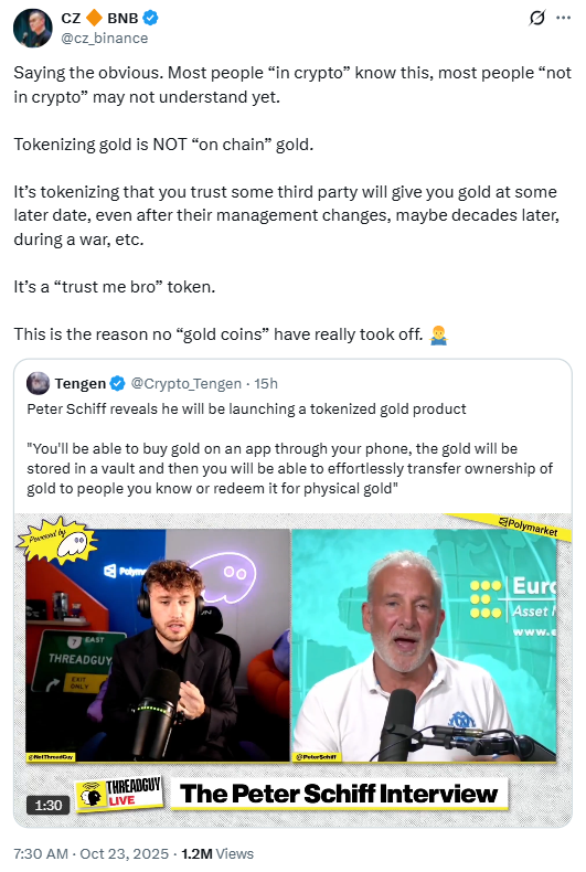 The Hot Take on Schiff’s Tokenized Gold Plans | Source: CZ