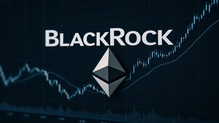 Illustration conceptuelle de la fusion entre BlackRock et la blockchain Ethereum, montrant des flux de données financiers tokenisés.