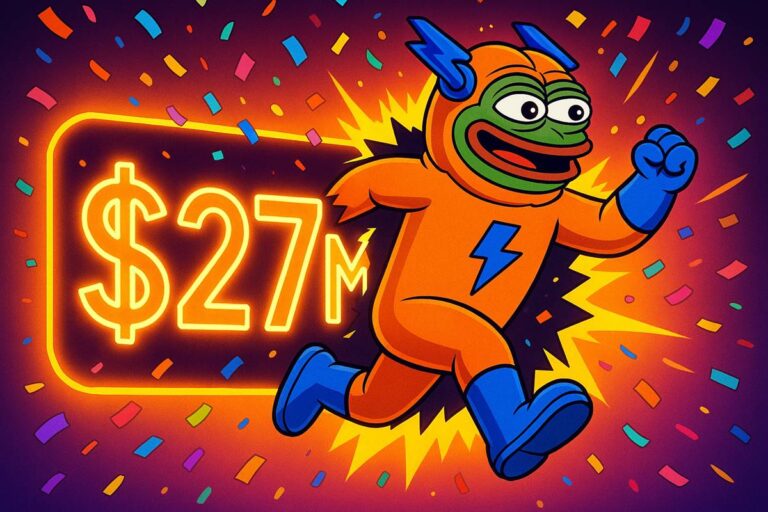มาสคอต Bitcoin Hyper สีส้มพุ่งผ่านป้ายเรืองแสง 27M ท่ามกลางกระดาษโปรย