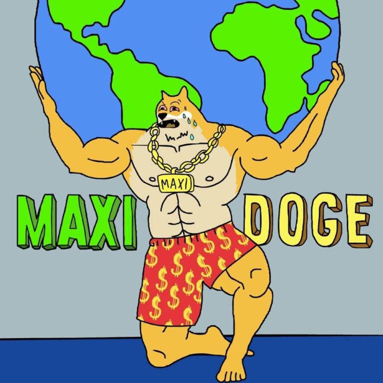 มาสคอตสุนัขร่างกำลังแบกลูกโลกพร้อมตัวอักษร MAXI DOGE