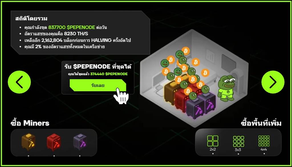 หน้าจอห้องขุด Pepenode พร้อมโหนดทำงานและตัวละครมาสคอต
