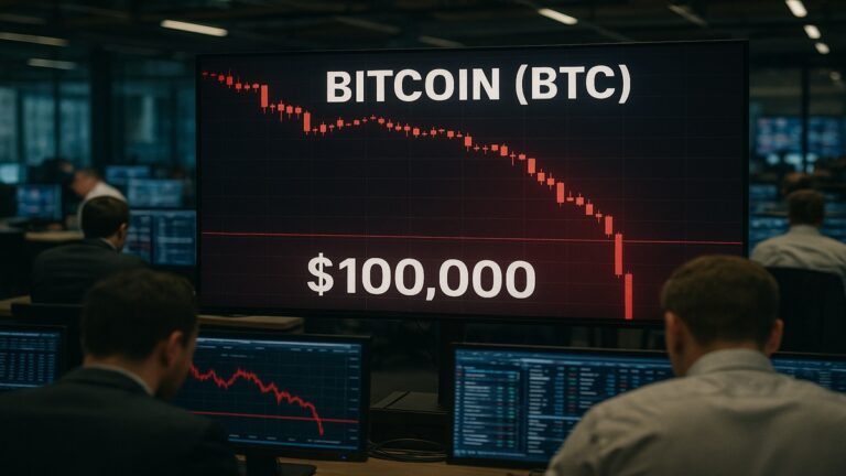 Graphique du crash crypto (novembre 2025) montrant le prix du Bitcoin passant sous les 100 000 dollars.