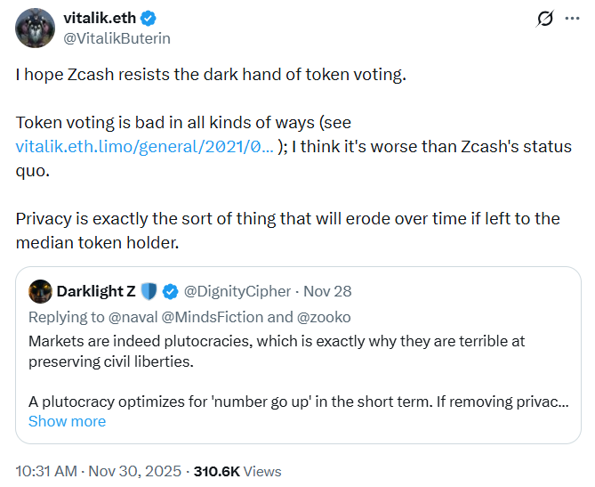 การถกเถียงเรื่องการโหวตโทเค็น Zcash | ที่มา: Vitalik Buterin