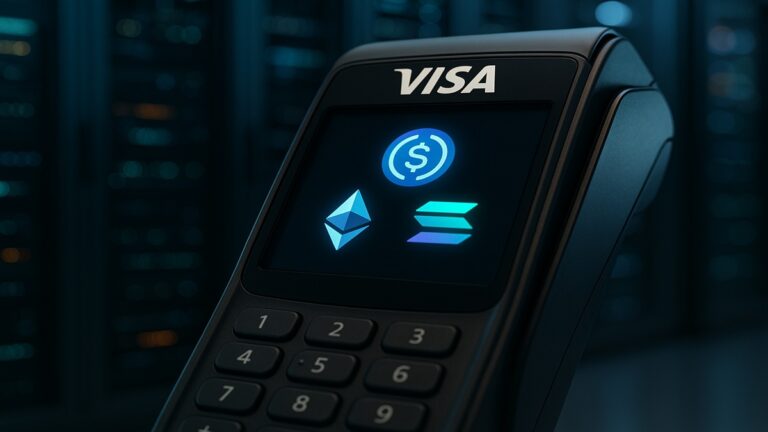 L'intégration des stablecoins USDC sur Ethereum et Solana par Visa, symbolisée par les logos sur un terminal de paiement.