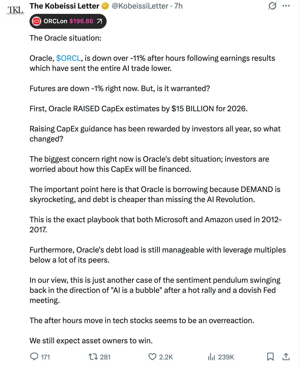 Oracle stock crash has contributed to the crypto sell-off | Source: X