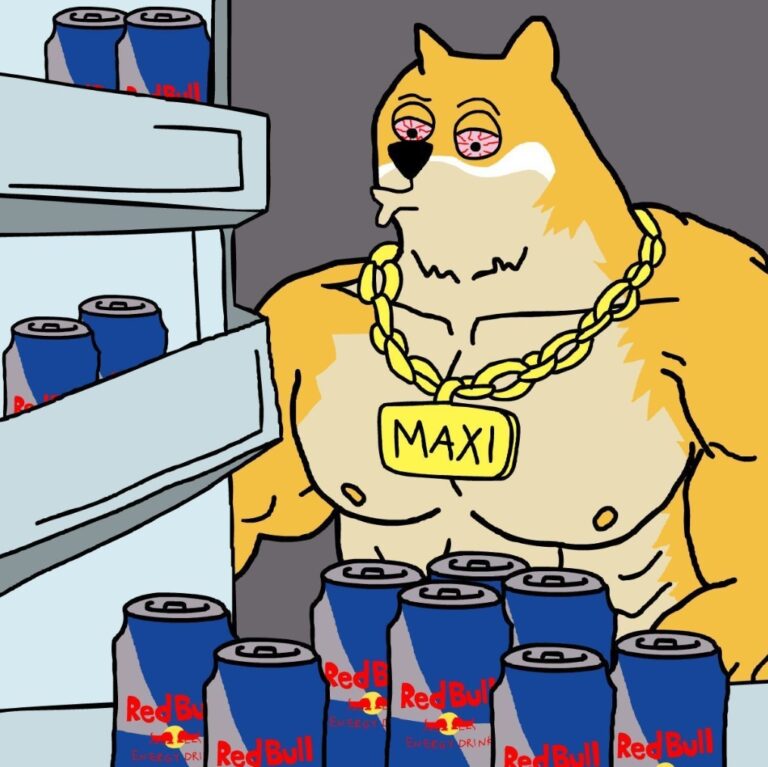 มาสคอต Maxi Doge กล้ามโตสวมสร้อย MAXI เปิดตู้เย็นที่เต็มไปด้วยกระป๋องเครื่องดื่มชูกำลัง