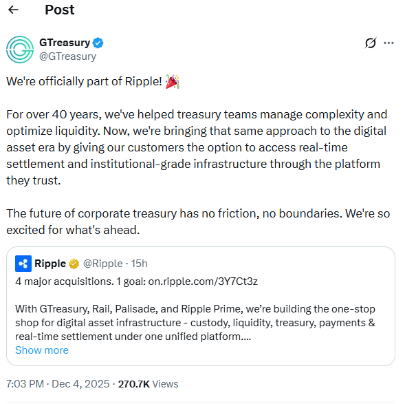 Ripple expands treasury power with GTreasury acquisition. Source: X