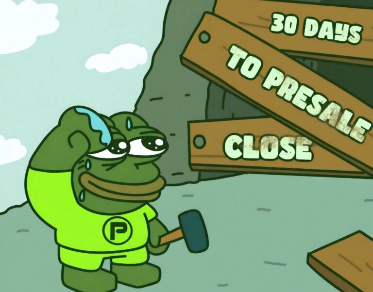 มาสคอต PepeNode ถือค้อนเหงื่อท่วมยืนข้างป้ายไม้ 30 วัน